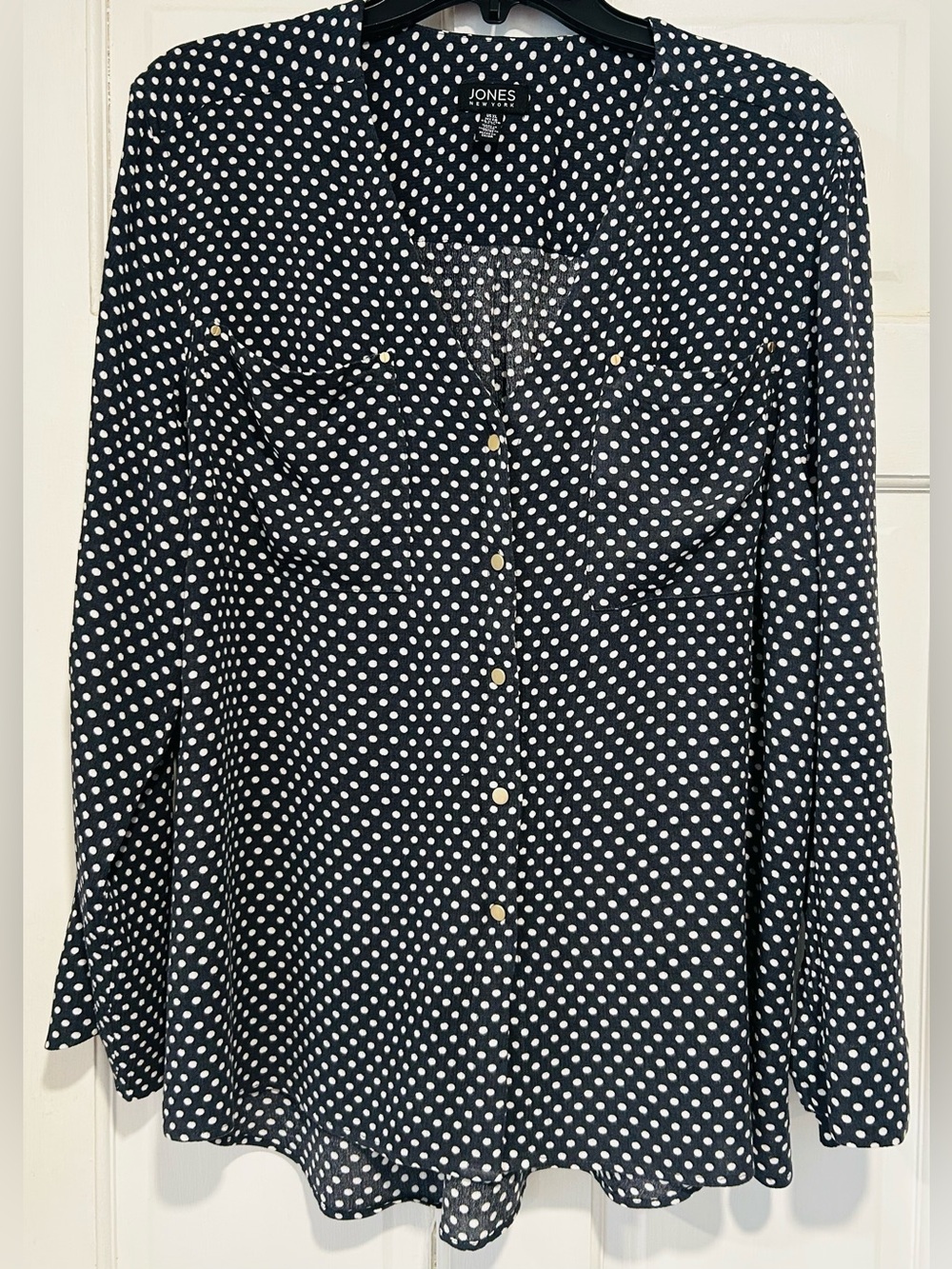 Jones of NY Deep Navy Blue w/ White Polka Dots Flowy Roll Tab Sleeve Blouse XL